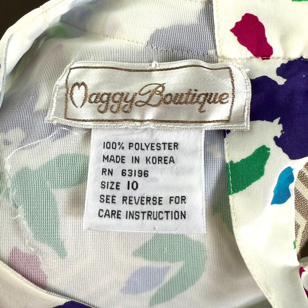 Vintage Maggy Boutique Floral Blouson Midi Dress Size 10 White Multicolor - Picture 9 of 11